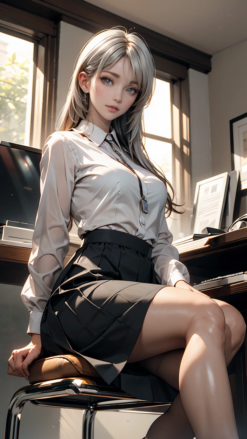 She is sitting on a chair wearing a black dress., Korean female fashion model, Transparent grey skirt, mesh shirt, Chrome Clothing, Shiny silver, It&#39;s lucky that, Big Breasts, Highest quality, masterpiece, Ultra-high resolution, Realistic,