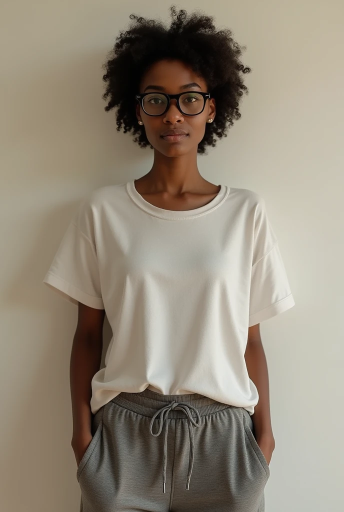 (photorealism:1.2), black beautiful woman, ,wearing sweat pants, short curly hair,oversized black glasses, standing , realistic, intricate detail,
