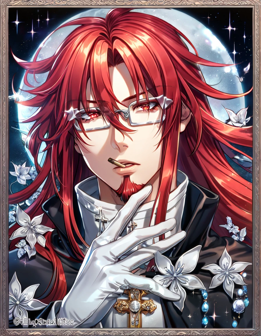 absurdres, highres, ultra detailed, HDR, master piece, best quality, extremely detailed, Cross Marian, red hair, long hair, messy hair, red goatee, hair between the eyes, expressive red eyes, D.Gray-man, rectangular glasses, solo, sexy man, handsome, sensual, black coat, white gloves, smoking, fantasy, magical, shining, silver flowers, blossoms, water, silver petals, silver butterflies, sparkling, silver moon, starry sky
