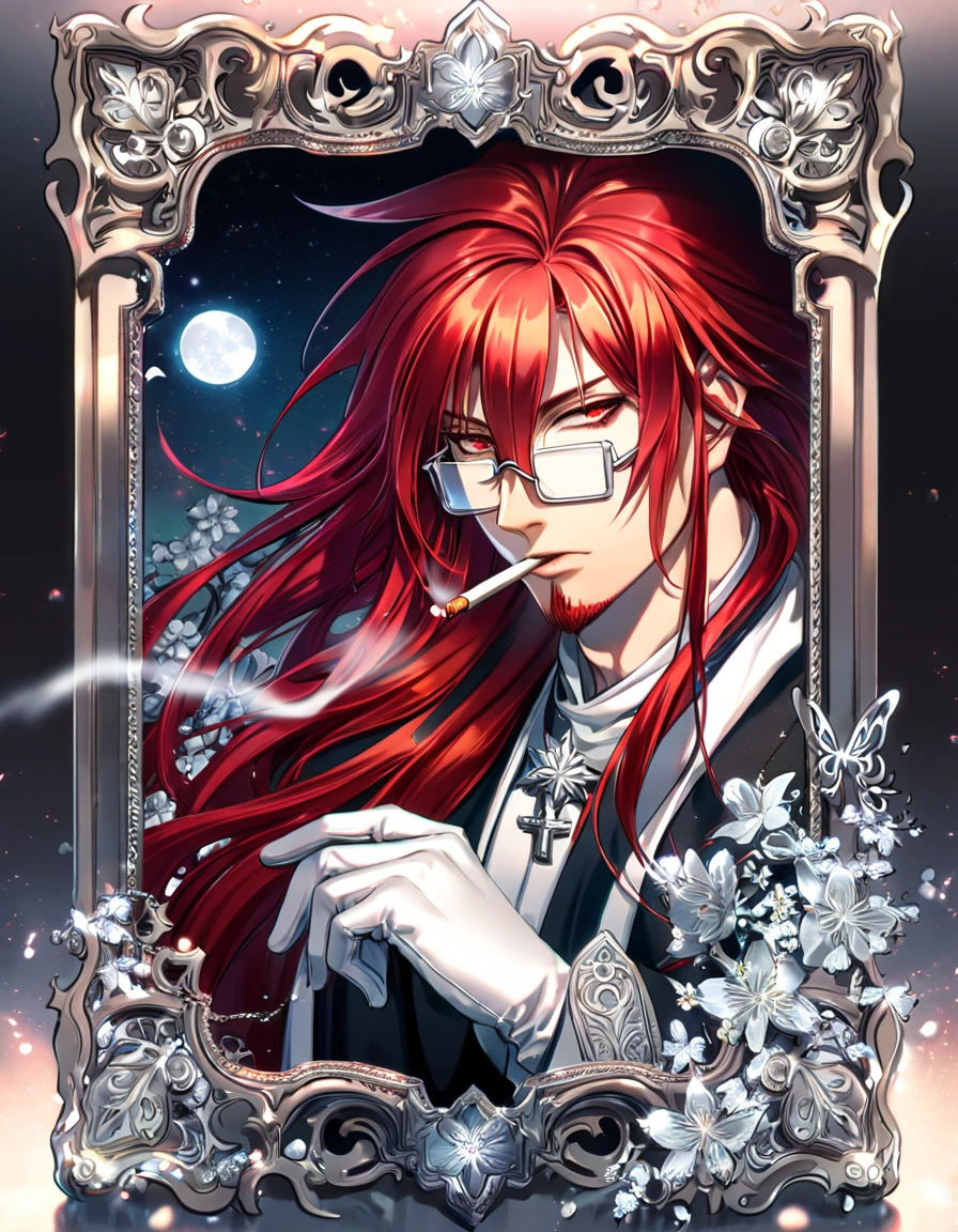 absurdres, highres, ultra detailed, HDR, master piece, best quality, extremely detailed, Cross Marian, red hair, long hair, messy hair, red goatee, hair between the eyes, expressive red eyes, D.Gray-man, rectangular glasses, solo, sexy man, handsome, sensual, black coat, white gloves, smoking, fantasy, magical, shining, silver flowers, blossoms, water, silver petals, silver butterflies, sparkling, silver moon, starry sky
