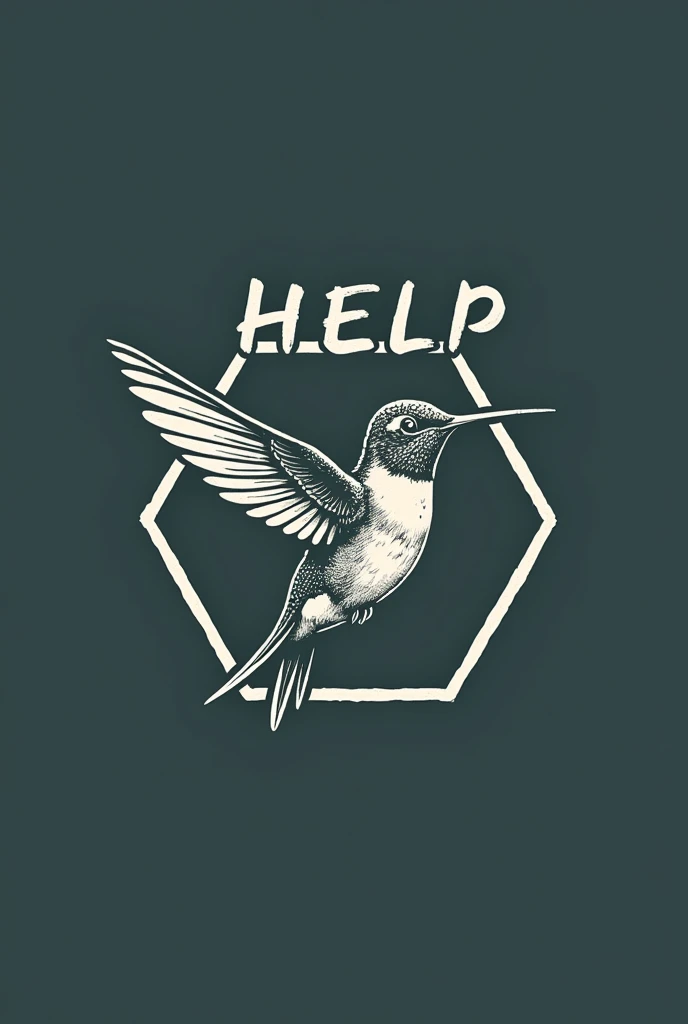 Create a logo. Place the word "HELP" around a hexagon and inside the hexagon put a hummingbird.,for the handwritten word font 
