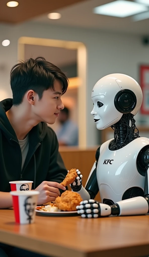 The young man was slightly surprised to see that the female robot could converse and interact with him like a close friend while they were enjoying KFC chicken.