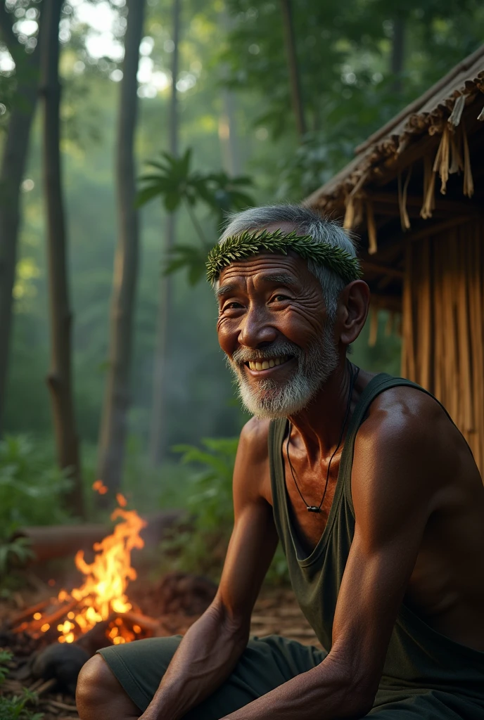 ( photo realism 1.2) photo realistic high detailed old native male smile sitting on simple  bamboo hut with dog sleeping under the hut  morning mode with campfire cinematic Malaysia forest cinematic view  some effect dark mode night no shirt leaves craft on head wearing singlet 