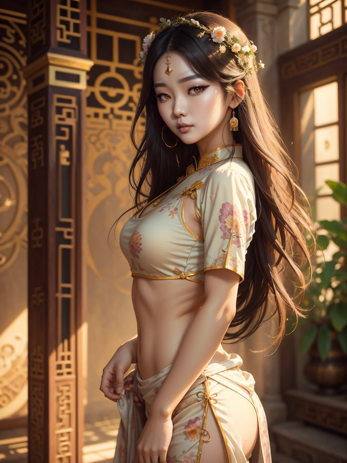 soft_light, (((soft lighting, Masterpiece portrait of Asian goth beauty wearing Cheongsam|bikini))), long hair, beauty mark, standing in A cozy small garden pool of an ancient Alhambra building, Persia-inspired, colorful pillows, and carpets, by Greg Rutkowski dynamic lighting hyperdetailed intricately detailed triadic colors Unreal Engine 5 volumetric lighting with god's rays Alphonse Mucha WLOP Jordan Grimmer. soft shadows.