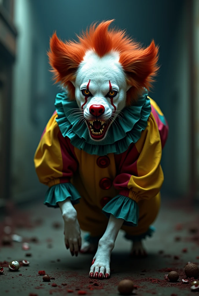 Create a dog costume with a clown theme "art the clown" of the movie "terrifier"