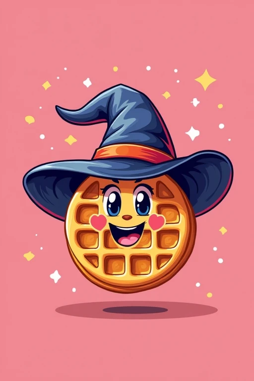 Pink logo related to waffles and the waffle wearing a witch's hat 