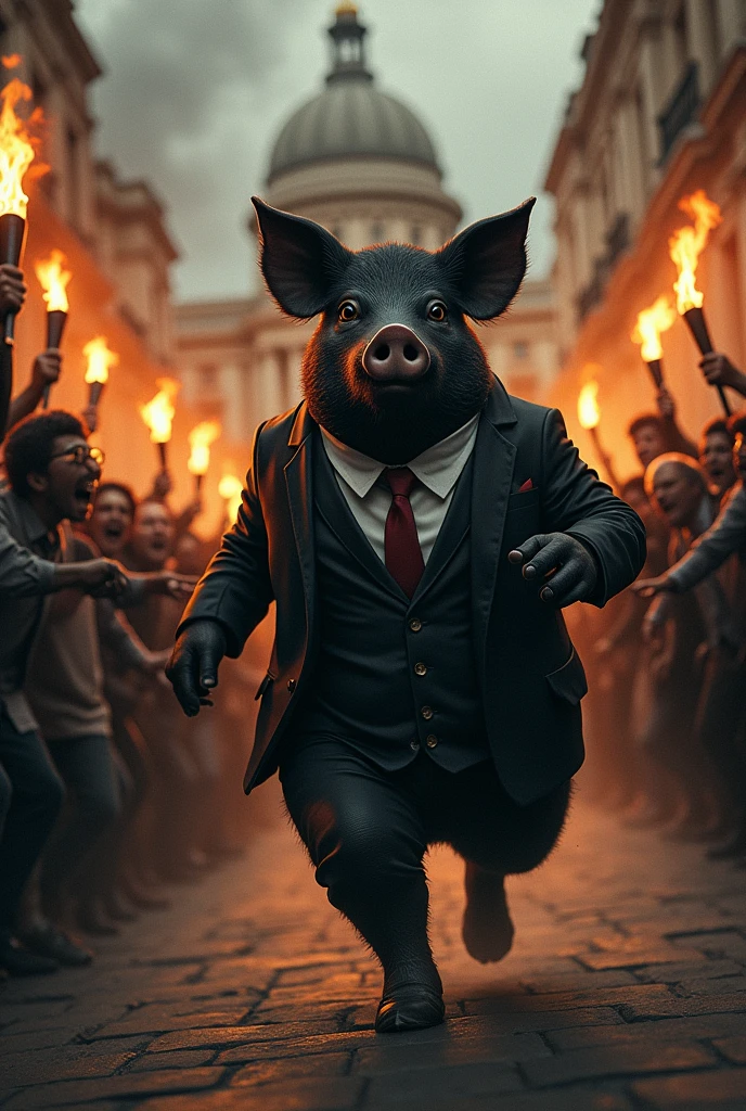 A fat black pig wearing a formal suit, running scared and being chased by a crowd of people carrying torches to burn and beat him in front of the Guatemalan Congress.