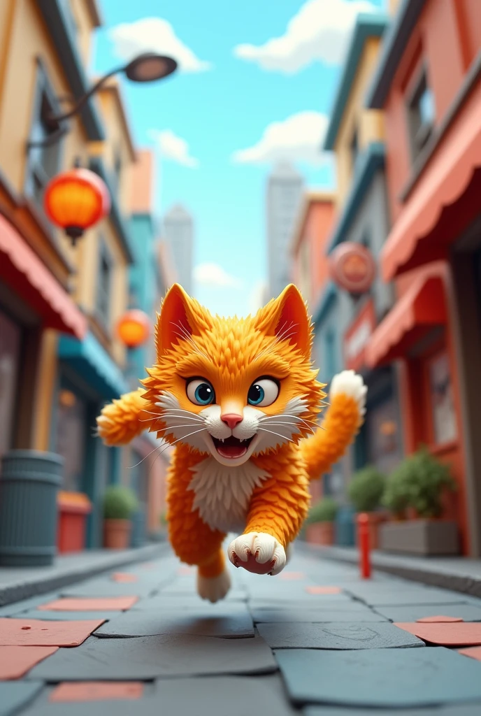 Draw a crazy cat with a running to the left in 3d paper cartoon in the city, every detail