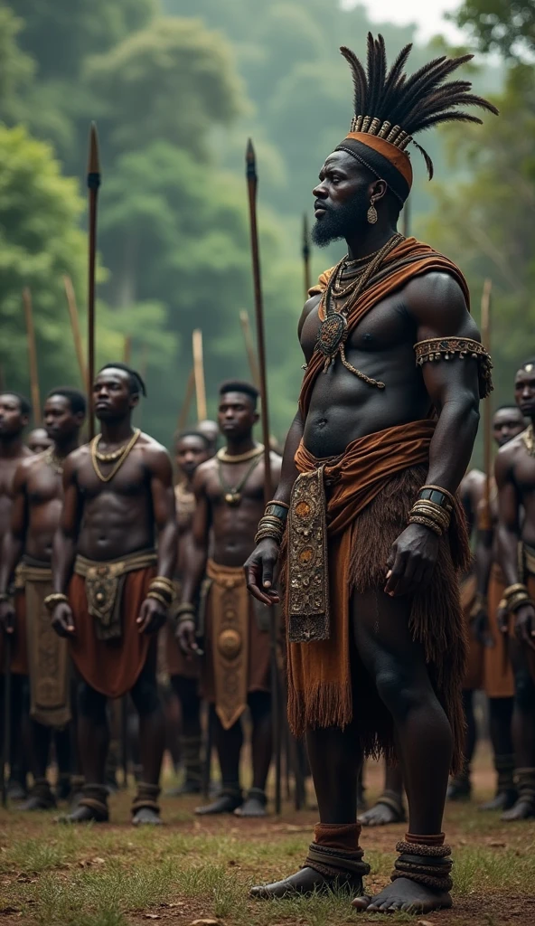 Depict a powerful and ominous scene set in the deep, untamed heart of Africa during the late 1790s. A group of strong and fierce African warriors, dressed in traditional tribal attire with weapons in hand, stand in formation before the elder chief of the Shagua tribe in Zimbabwe. The warriors are tall, muscular, and exude a sense of unyielding strength and resolve. The elder chief, dressed in ceremonial garments adorned with feathers and bones, gazes at the warriors with a solemn expression, acknowledging their readiness. The surrounding village is cloaked in the shadows of the dense jungle, adding to the sense of foreboding as the warriors prepare for what lies ahead.