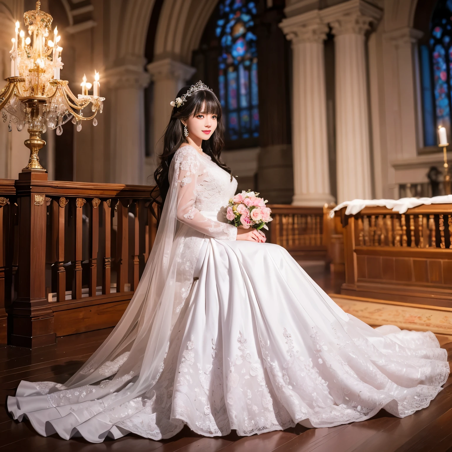 best quality, Delicate face，beautiful visual work, lifelike,  eternity, black hair, Long curly hair, blunt bangs, Smile, Detailed Background,  Delicate face，pink blush，cold，((masterpiece))、(top quality)、8k、high detail、Super detailed，31 years old female，Seductive and whimsical style、masterpiece、born、Scenes resembling fairy tale illustrations、Intricate details and complex designs、Beautifully、magic、capricious、 Beautifully、Dream aesthetics、「𝓡𝓸𝓶𝓪𝓷𝓽𝓲𝓬、ethereal、charming、fickle、magic」、Realism、Visual effects、FXAA、SSAO、Shaders、voiceless、ambient lighting、Tone mapping、High resolution、Ultra high quality、Million pixels、(8K resolution:1.10)、8k、Below 8K、8K resolution、high detail、intricate details， (high quality:1.2、masterpiece:1.2、:1.21)、(31 years old female:1.21)、(Smile excitedly)、(Surrounded by the dreamy atmosphere、Model diagram，full-body shot，Normal 2 feet，Don't show your fingers，wearing white princess wedding dress, Don’t show your feet, big skirts, princess dress, wedding princess dress, ball gown wedding dress, bride, bridal veil,in the church，Holding flowers in both hands， long skirt, long sleeves,a bride, skirt covers feet.