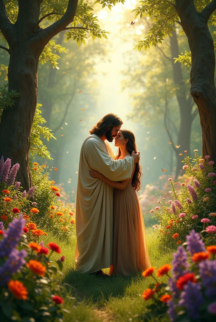 JESUS embracing Adam and Eve in the middle of a beautiful colorful garden