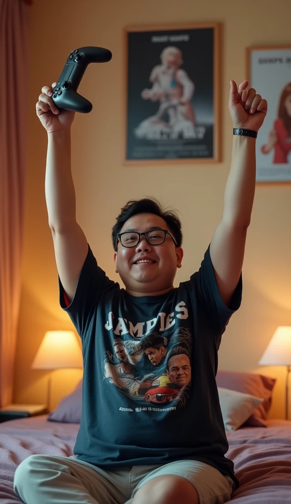 photorealistic, best quality, masterpiece, extremely detailed, ((side view)), slightly chubby, 30 year old borneo man, no facial hair, glasses, wearing 8bit graphic tshirt, throws a video game console controller up into midair, both arms in the air, celebrating, sitting on couch, in fun bedroom, movie posters on the wall, extremely romantic atmosphere, perfect face, perfect fingers, perfect hands, perfection