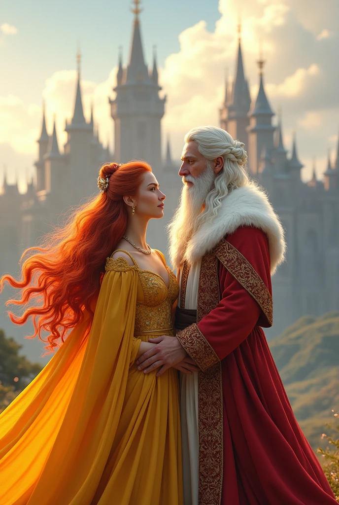 A couple. A queen with red hair wearing a yellow dress., and he is a king with big white hair dressed in blue. The couple are young, she is 20 years old and they are 22. Behind them are 4 kingdoms.