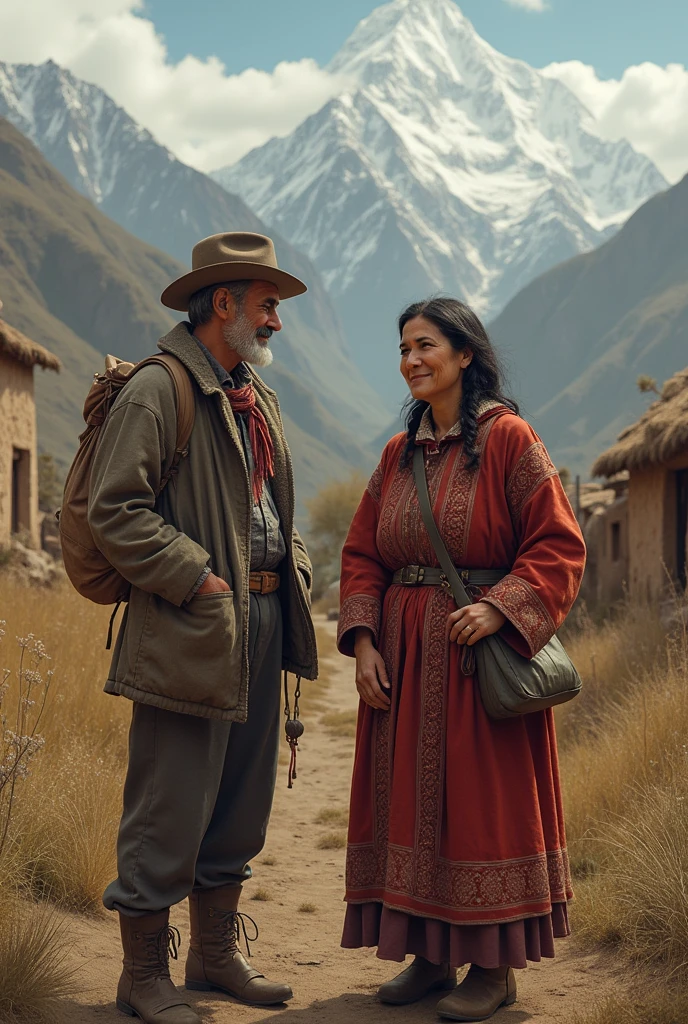 Make an image of a man and a woman , They begin to provide help to the most needy in the town, Peruvian highlands in 1900