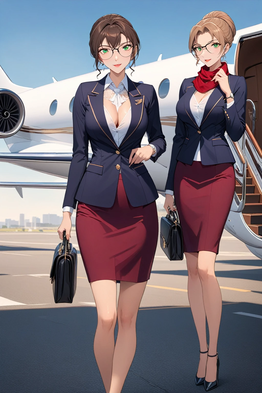 (Extremely detailed, best quality, high resolution, masterpiece:1.3), Two beautiful flight attendants stand side by side,Anya Ivanova, Tall and thin, Long brown hair, wearing glasses ，Warmth and confidence, Provocative Red Velvet, Matching blazer, Short pencil skirt,black高跟鞋, Scarves, Side cover, Stay calm、Professionalism, A welcoming smile, Slender,Bright green eyes, Charming and friendly, Provocative Red Velvet, Matching blazer, Short pencil skirt, black, black高跟鞋, Scarves, Side cover, Friendly and approachable demeanor, A bright smile, Stylish modern private jet, Asphalt road background, Elite flight attendants, Exquisite and professional appearance, grace, Luxurious environment, (Intricate details:1.3), ((Very delicate hands, Extremely fine fingers, Full body display, revealing the whole body))