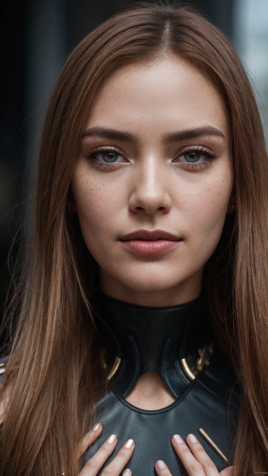 a woman with red hair, hyper-realistic skin, shiny/glossy, modern jewelry, gongbi, portraiture, dark teal and light gold, tropical landscapes, Face portrait photo oF a 21 Year-old German woman, .raw, beautiFul woman, half strawberry lips, strawberry lipstick, Fossettes, big breast, realistic close-up, cheesy smile, high heels, nostalgic look, detailed light brown eyes, great student, thin eyelashes, (Brown extra long blond hair), ((detailed Face)), ((detailed Facial Features and skin texture)), (Finely detailed skin), light brown skin, (Deep neckline detailing high-tech cyberpunk dress), Cyberpunk big city environment, (cold colors), moist, moist, reFlections, (masterpiece) (height ratio / perfect width) (photo realist) (best quality) (detailed) Shot with Canon EOS R5, ObjectiF 50mm, F/2.8, human development report, (8k) (wallpaper) (light) (Dramatic Light) (sharp focus) (complicated), sharp details, skin detail sharpness, 