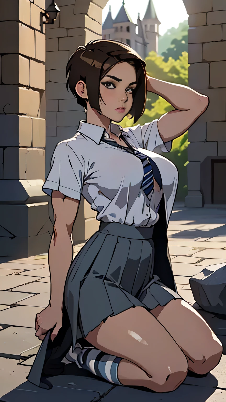 photo of mlp Meowko, RAW, beautiful woman, ((portrait)), ((detailed face:1.2)), ((anime face, anime facial feature, clear skin, glossy anime lips, clear skin), (short lesbian haircut, brunette: 1.55), (perfect proportioned body, Strong, muscular, narrow waist, narrow hips, skinny, massive breasts), (she is wearing a Hogwarts witch robe, short sleeve White button down shirt, Gray pleated skirt, knee-high gray socks, striped Blue and silver tie), kneeling on a stone platform, splits kneeling, hands behind head, huge castle in the background, Stone brick walls, magic, (realistic photo, best quality, detailed), (8k wallpaper), (bright cinematic lighting, lens flares, beautiful light, (noon:1.3)) (sharp focus, intricate)