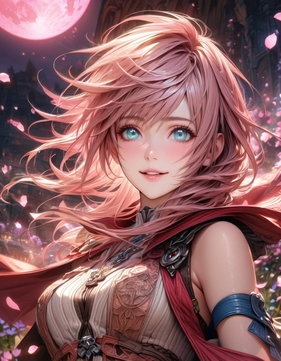 Ultra detailed, highres, absurdres, HDR, master piece, Claire Farron, wavy pink short hair, expressive pale aqua eyes, white dress with brown patterns, red cape, blue gloves, Lightning Farron, Final Fantasy XIII, pink flowers, petals, fireflies, pink moon, woman, solo, extremely beautiful, very detailed face and eyes, best quality, fantasy, magical, realistic face, smiling