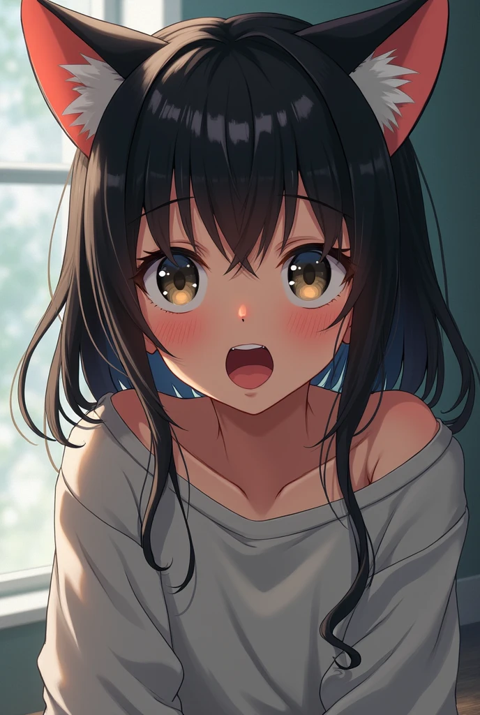 detailed illustration, dynamic angle, ultra-detailed, illustration, 1girl, 24 years old, cat girl, cat ears, cat tail, black hair, green eyes, wide eyes, detailed eyes, orgasm, open mouth, lidded eyes, horny, blush, kneeling down, fucked from behind, bed, grabbing sheets, tears in eyes, delight, enjoyment, hearts, bliss, naked, close up, head on, straight on, gasp, breath