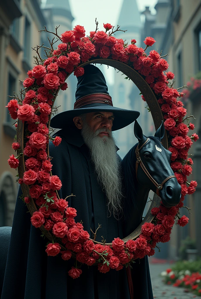 create a wizard about 32 years old with a sinister appearance very much in the style of witchcraft next to him is the letter "O" cloaked in carnations and chrysanthemums , ruby red, with a theme of Harry Potter wizards very striking and its style very elaborate next to it is a pegasus of good size with a peculiar appearance ,Intimidating yet fascinating and captivating, the background is a whimsical place.. The text is perfectly visible "OMEY" In the image. art style , finished luxury premiere , 8 k plus , Reality Max. all very well detailed