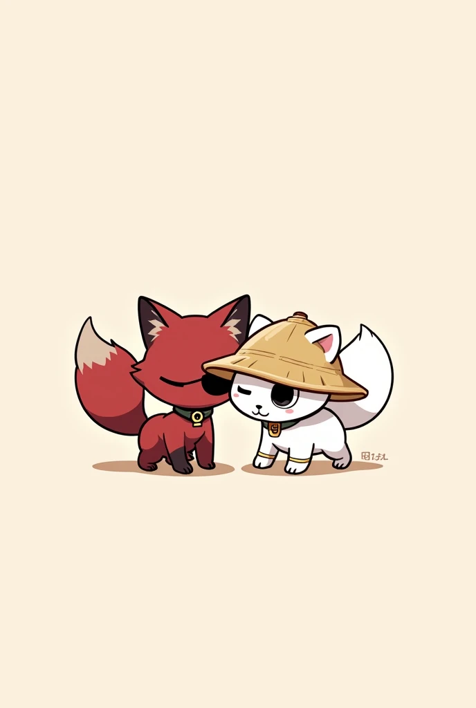 A chibi anime cartoon drawing of a small white ferret wearing a Chinese straw hat, with white bands around the front legs and one around the neck. Alongside a dark red fox wearing a black eye patch on its left eye