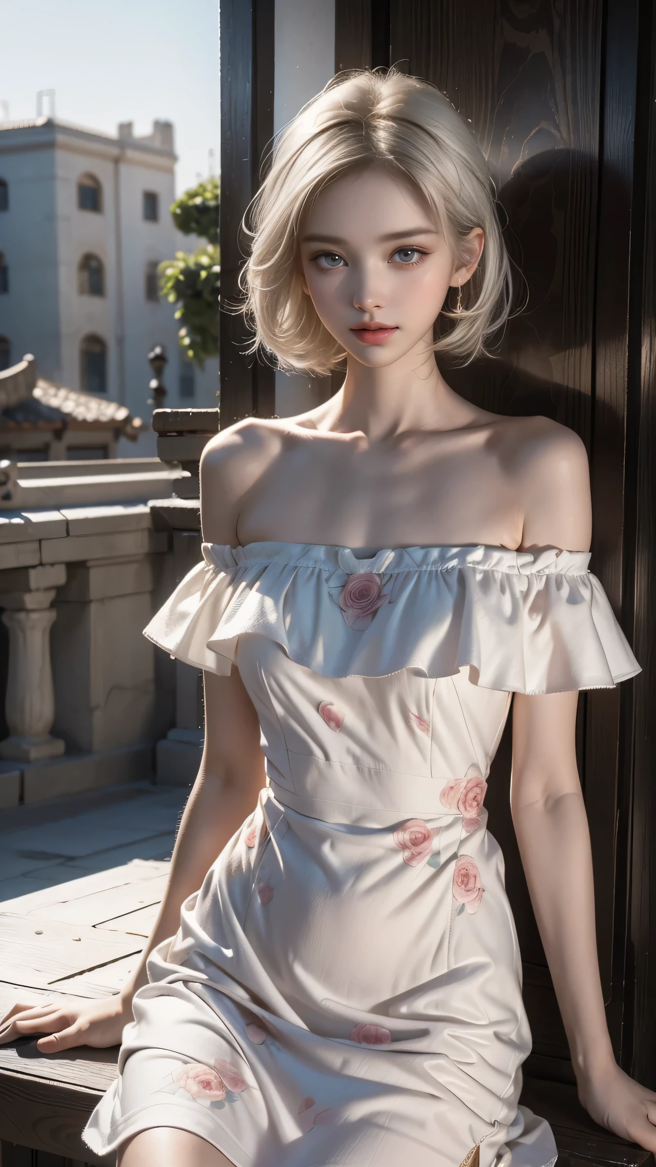 ((A woman sitting on a bench on the balcony of an ancient city))Heterochromia of the iris,Silver-haired,High resolution free,(Semi-transparent off-the-shoulder white floral dress)、(Wind blows my skirt)、Highest quality works,Actual work,Ultra Premium Graphics,8K HD CG Works,High Quality Graphics,High-definition CG works,10x pixels,Extremely fine detail:1.1,Advanced Technical Details:1.1 Photorealistic,Natural light:1.5、((Golden White Short Hair))、(Bob Hair)、Thin eyebrows、High nose、Nice red lips、Rose Cheeks、Face with Subtle Makeup、Cute Face、Perfectly balanced face、()、Bright Toned Foundation Enhances Skin Transparency。、、(Off-the-shoulder white floral dress)). 40k、photograph、Tabletop、Highest quality、((1 Beautiful Eyes、bright hair、White skin、 Mr.々Pose。((Medium chest、:1.1))、Highest quality、Tabletop、Ultra-high resolution、(Real:1.4)、RAWphotograph、(Perfect Figure)、(slim:1.3)、Slim abdomen、Perfect slim figure、Dynamic Pose、one person、Cold light 12000K、Very detailed face and skin texture、Fine particles、Realistic eyes、Beautiful Fine particles、(Real skin)、Charm、Ultra-high resolution、surreal、Very detailed、