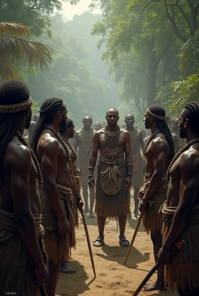 Depict a powerful and ominous scene set in the deep, untamed heart of Africa during the late 1790s. A group of strong and fierce African warriors, dressed in traditional tribal attire with weapons in hand, stand in formation before the elder chief of the Shagua tribe in Zimbabwe. The warriors are tall, muscular, and exude a sense of unyielding strength and resolve. The elder chief, dressed in ceremonial garments adorned with feathers and bones, gazes at the warriors with a solemn expression, acknowledging their readiness. The surrounding village is cloaked in the shadows of the dense jungle, adding to the sense of foreboding as the warriors prepare for what lies ahead.