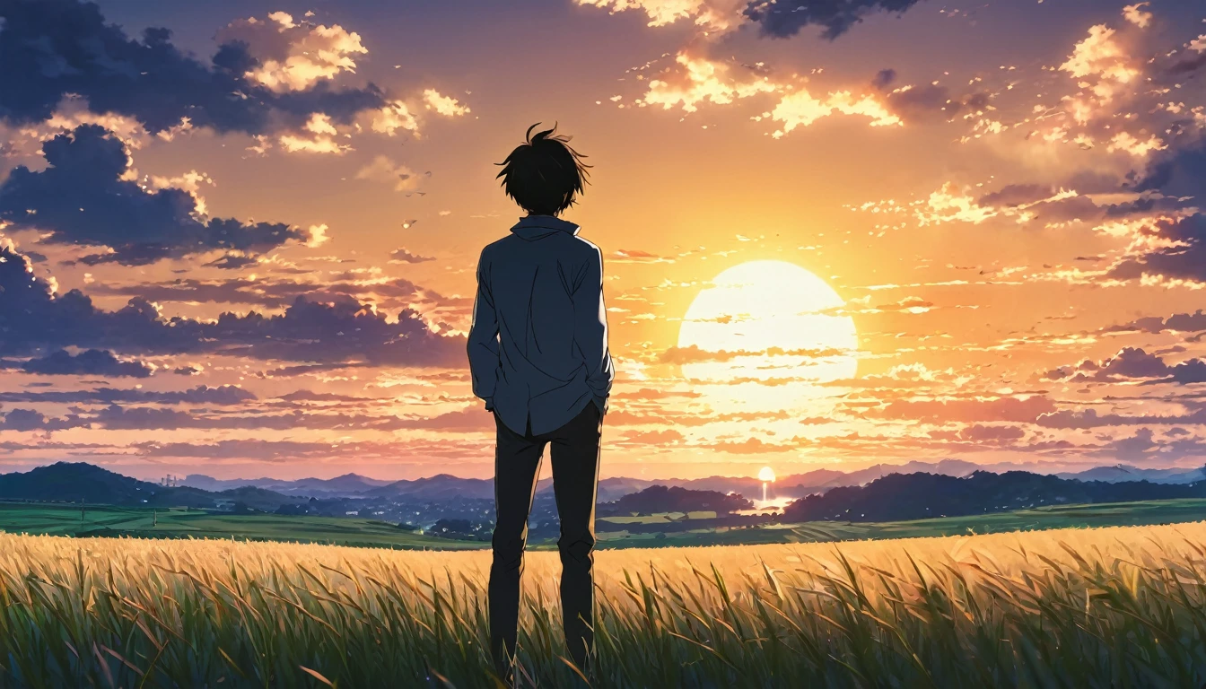 anime scene of a man standing in a field watching the sunset, 4k manga wallpaper, 8K anime art wallpaper, in the style of makoto shinkai, makoto shinkai cyril rolando, anime wallpaper 4k, makoto shinkai. —h 2160, 4k anime art wallpaper, 4K anime art wallpaper