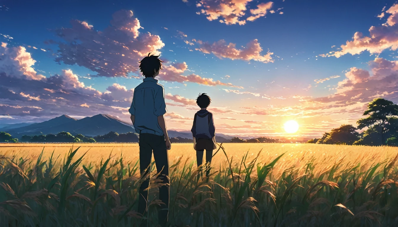 anime scene of a man standing in a field watching the sunset, 4k manga wallpaper, 8K anime art wallpaper, in the style of makoto shinkai, makoto shinkai cyril rolando, anime wallpaper 4k, makoto shinkai. —h 2160, 4k anime art wallpaper, 4K anime art wallpaper