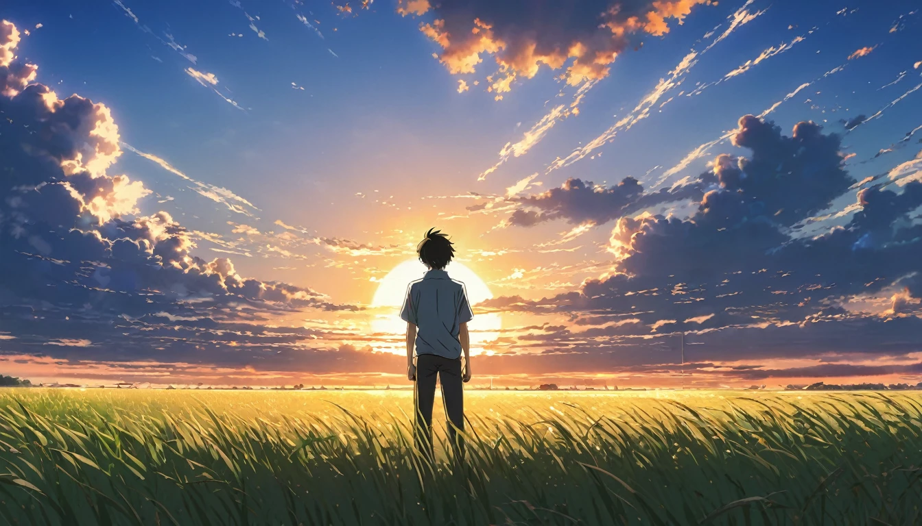 anime scene of a man standing in a field watching the sunset, 4k manga wallpaper, 8K anime art wallpaper, in the style of makoto shinkai, makoto shinkai cyril rolando, anime wallpaper 4k, makoto shinkai. —h 2160, 4k anime art wallpaper, 4K anime art wallpaper
