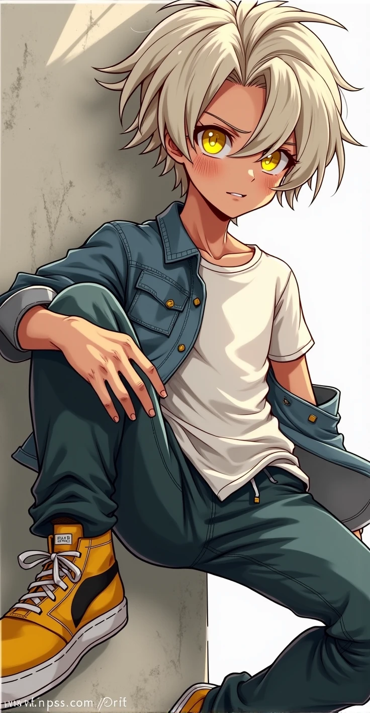 anime boy with white blonde hair and Freckles yellow eyes,, best anime 4k konachan wallpaper, , trigger anime artstyle, badass anime 8 k, tall anime guy with yellow eyes, 4k anime wallpaper, anime wallpaper 4k, anime wallpaper 4 k,Yellow tennis shoes, blue jeans, white shirt