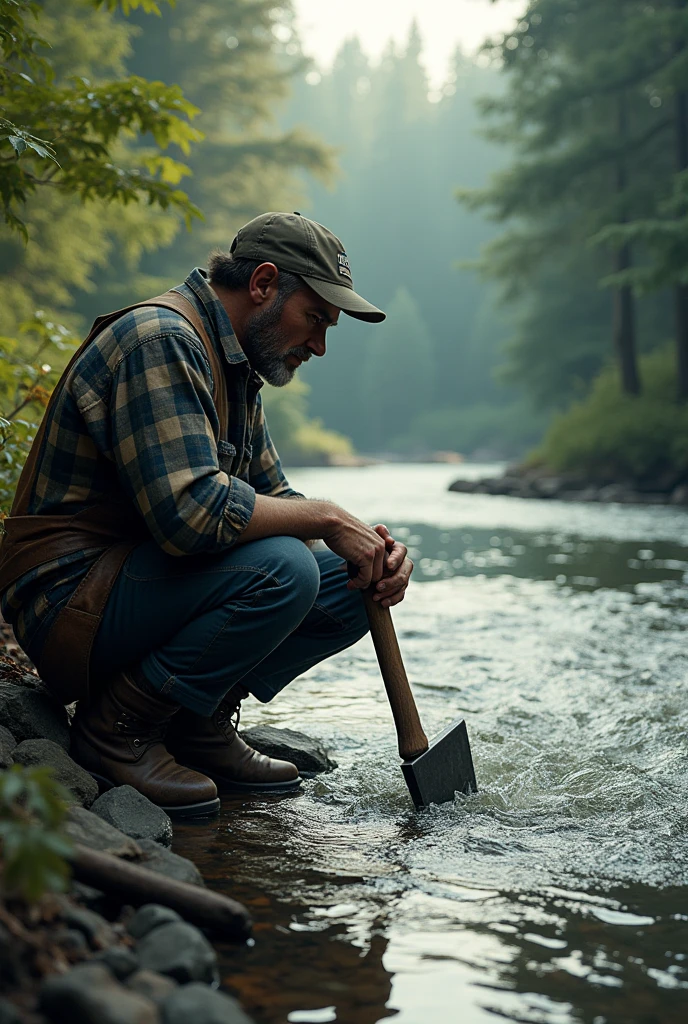The scene should show a lumberjack's axe falling into the river, with the lumberjack sitting on the riverbank in a state of distress.