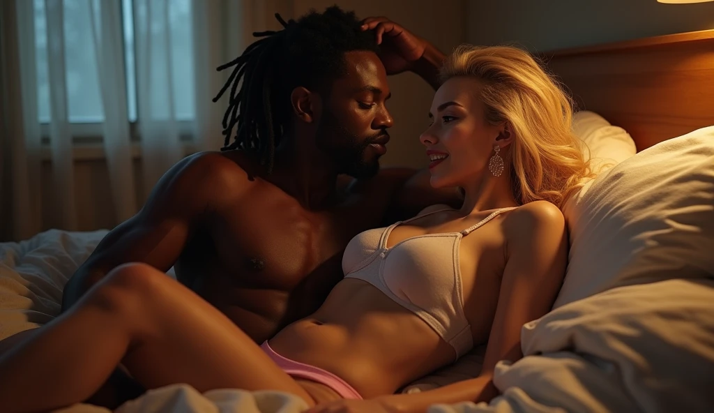 (Photorealsitic:1.4), (​masterpiece:1.3), (top-quality:1.4), ultrarealistic 
sexy well proportioned, full body of 
((innocent and (sexy) little 25 years woman) and 
(tall ((muscular)) black man )), 
man lycra black briefs, powerful jaw, dreadlocks, detailed medium dreadlocks, dominant, big muscular arms, wide chest, narrow waist, strong legs, clean face, dangerous man,
woman smiling in anticipation, ((extremely irish pale skin)) , naked pink nipples, (detailed nipples), (subtle Eye makeup, mascara), ((thin small lips)), ((blonde glamorous medium hair)), ((glamorous Stylish hairstyle)) , ((((big) rounded) deep blue eyes)), subtle narrow jaw, (Natural medium breasts), Beautiful bangs, Glowing white shiny skin, Bangs that extend to the face, tight body, tonned abs,
(cozy night bedroom), 
alternative vibe,vibrant lighting, high contrast,dramatic shadows,highly detailed,detailed skin,depth of field,dynamic angle,glimmer lighting, film grain, 
woman (white plane gauze bra, pink undies) 
man lycra thong, 
woman lying lateral on bed in curled position, man over her interwinning his legs with hers, looking at her with desire, his hand on her tight, sexy bite lips , 5 toes, perfect feet, passionate pose, perspective, perfect body 
