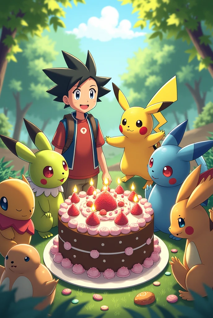 A party of Pokemon with Satoshi and Pikachu who have grown up and are having cake with all the Gen 8 Pokemon