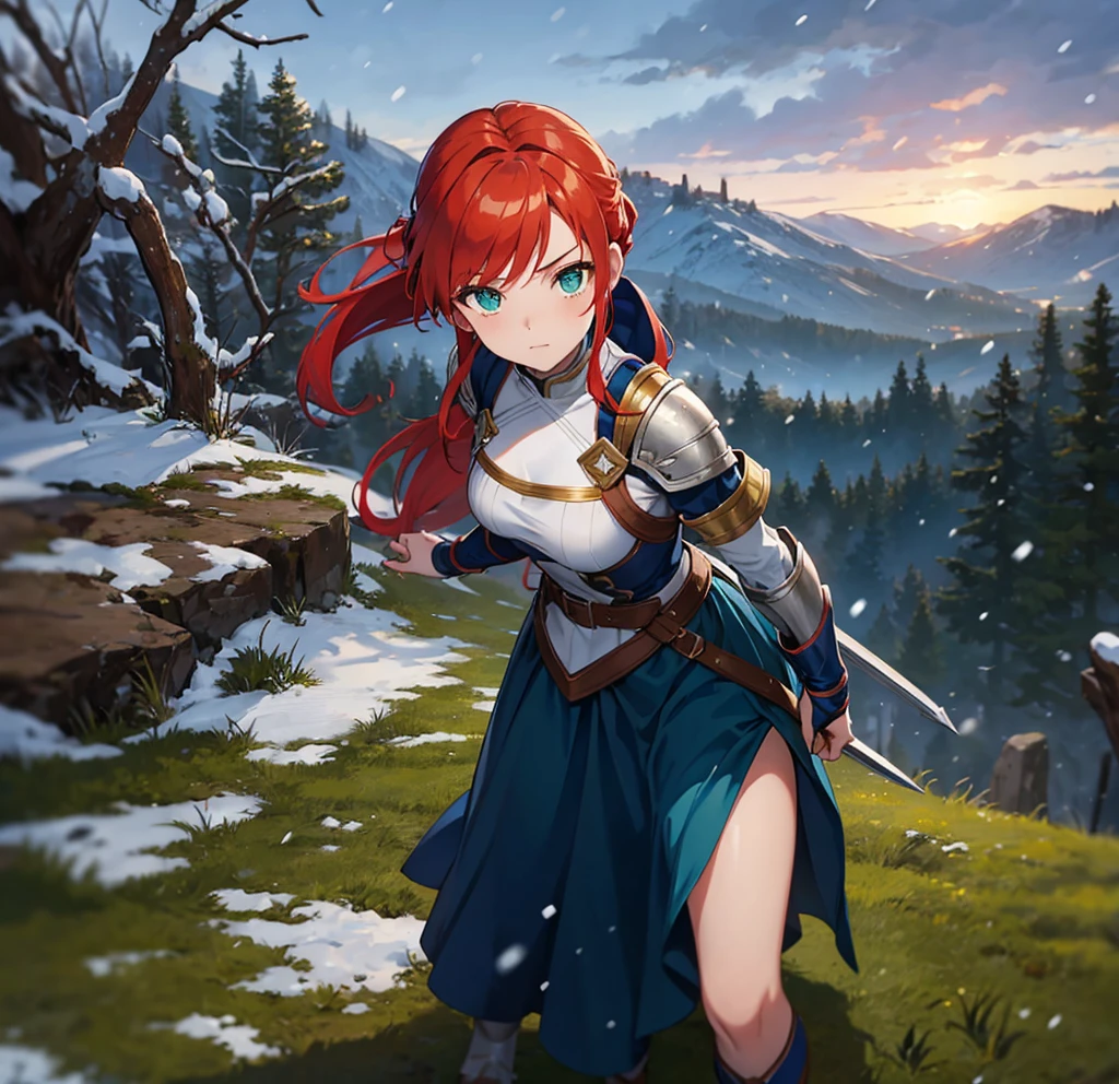 a beautiful young redhead medieval girl warrior in blue armor, light armor, red hair, hair tied in a ponytail, green eyes, slender body, beautiful woman, snowy background, snowy forest in the background, full body , long skirt ,
