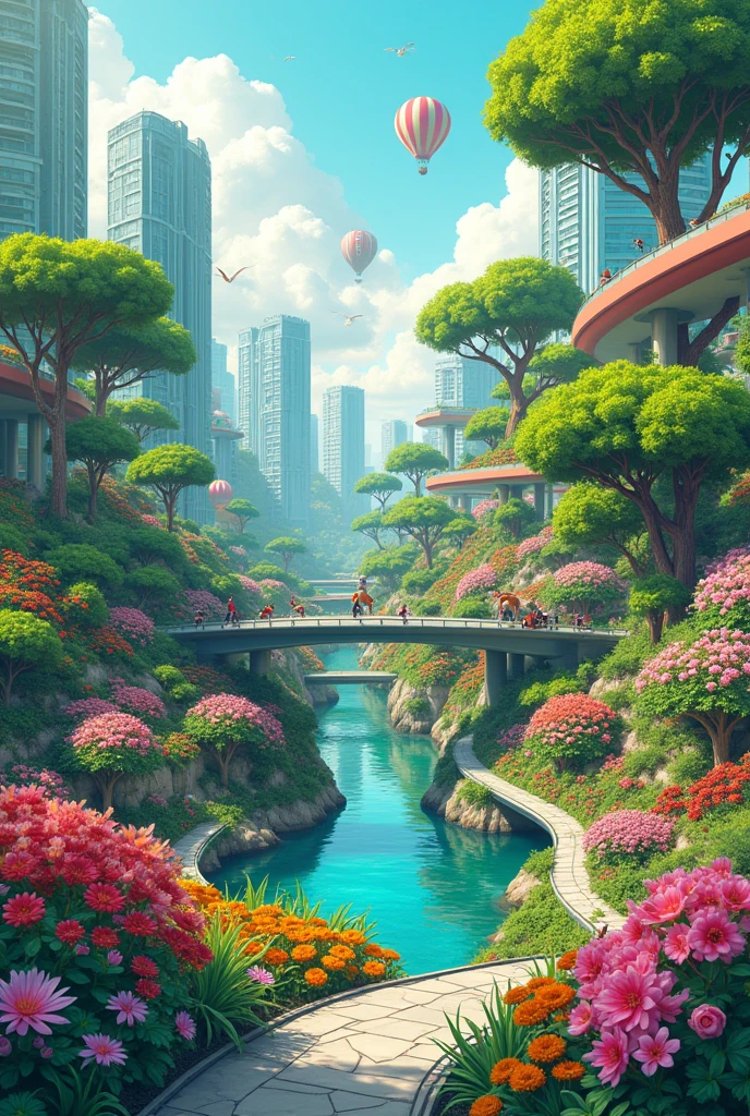 Make me an illustration of colored drawing for my project. It is about what you think for the environment in the future. Make it a lot of trees, plants, flowers, animals, but has building or infrastructure balanced.