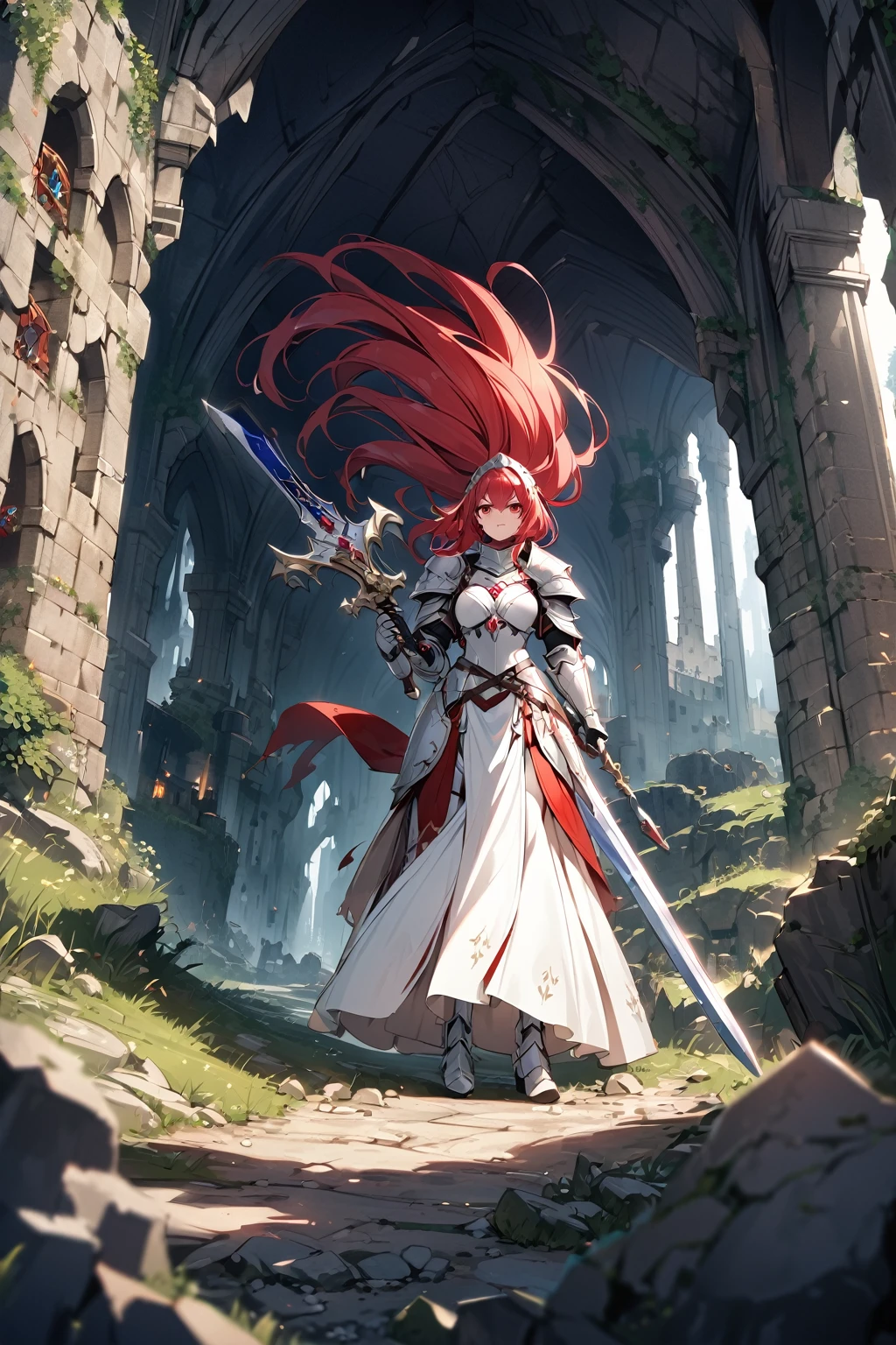 4k,hight resolution,One Woman,Bright red hair,Longhaire,red eyes,knights,white sacred armor,jewel decorations,Big sword,medieval town,furious,((dark cave,ruin place)),