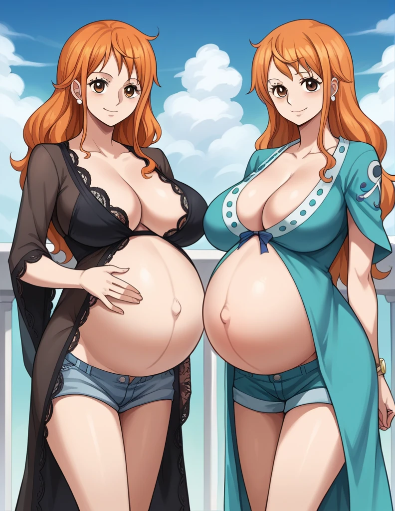 score_9, score_8_up, score_7_up, source_anime, best quality, clear face, 1girl, nami, NAAmi, orange hair, blue eyes, large breasts, lace robe, maternity robe, shorts, cleavage, smile, looking at viewer, sky, standing, pregnant belly, huge belly, belly expossed, pircing