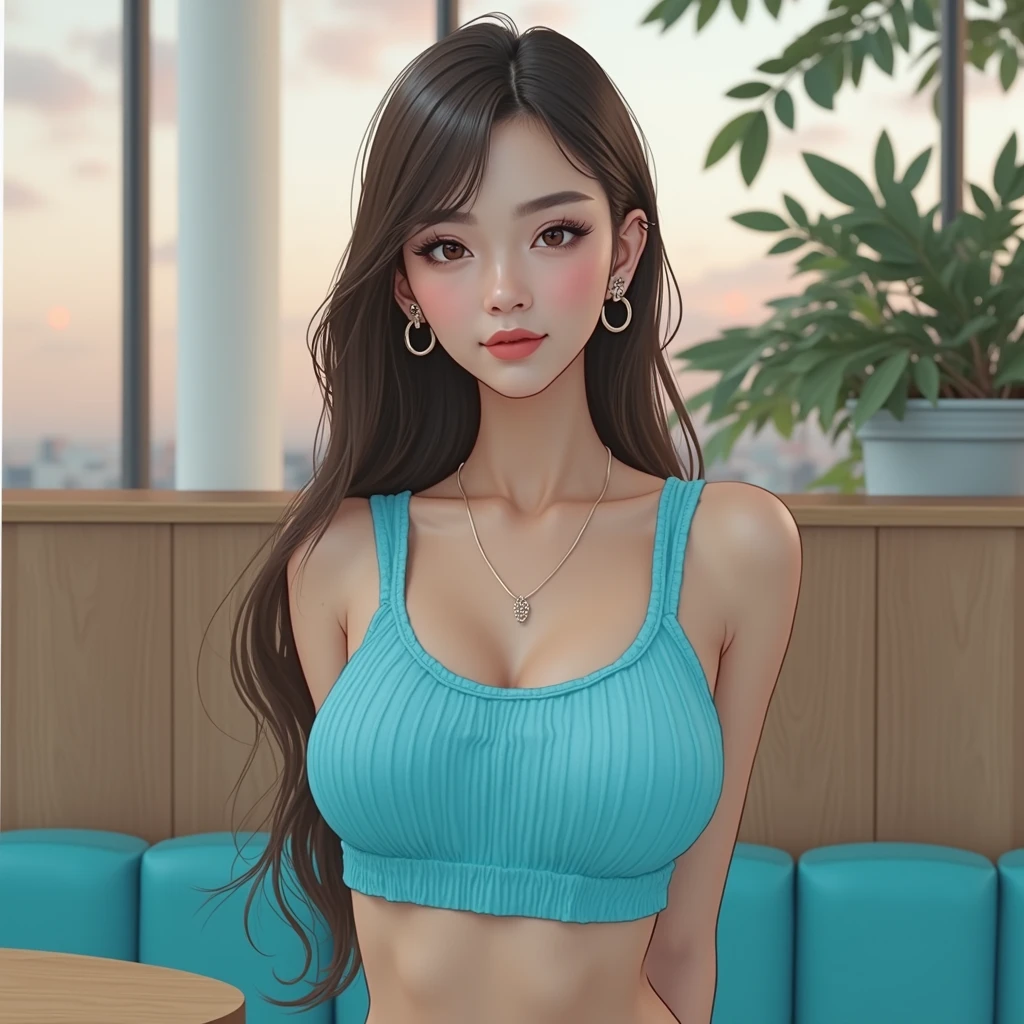 Create an image of a cute Japanese-Spanish mixed girl aged 20. She is standing in an urban setting or a trendy café, wearing a stylish and chic outfit. delicate fair skin, small breast. The background should feature modern city elements or a cozy, aesthetically pleasing café vibe. The overall look should be fashionable and inspiring, with the woman exuding confidence and a touch of glamour. ethereal look, characterized by her delicate and soft facial features. Her medium long, silky hair should flow gracefully, complementing her slim and slender build
