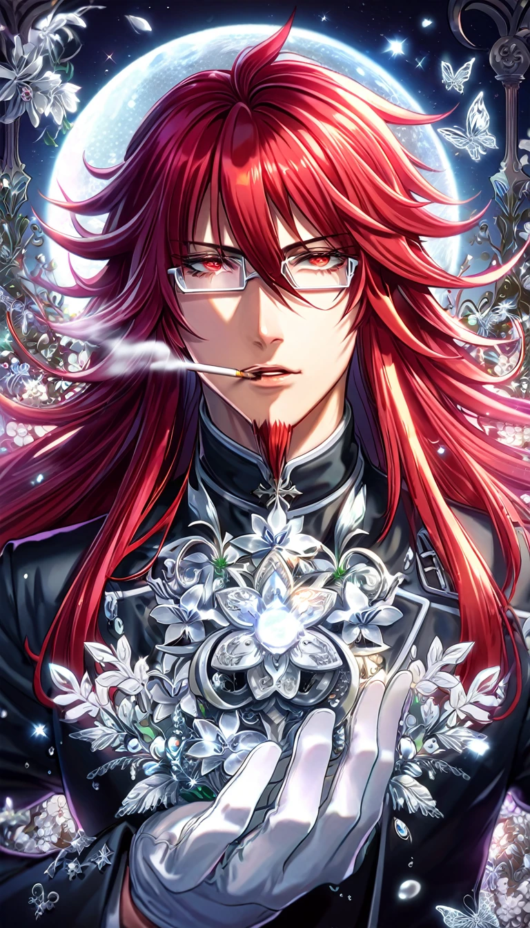 absurdres, highres, ultra detailed, HDR, master piece, best quality, extremely detailed, Cross Marian, red hair, long hair, messy hair, red goatee, hair between the eyes, expressive red eyes, D.Gray-man, rectangular glasses, solo, sexy man, handsome, sensual, black coat, white gloves, smoking, fantasy, magical, shining, silver flowers, blossoms, water, silver petals, silver butterflies, sparkling, silver moon, starry sky