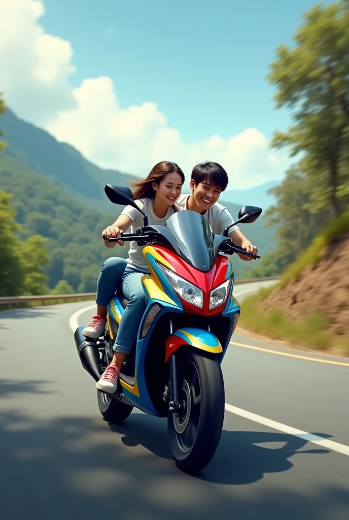 a moto vivax 115 suzuki with two people on it driving while looking at my screen 