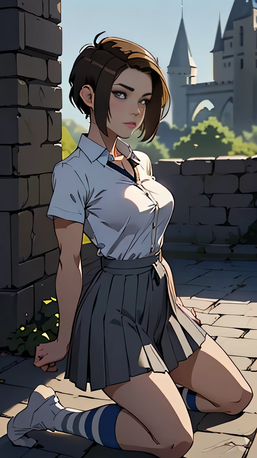 photo of mlp Meowko, RAW, beautiful woman, ((portrait)), ((detailed face:1.2)), ((anime face, anime facial feature, clear skin, glossy anime lips, clear skin), (short lesbian haircut, brunette: 1.55), (perfect proportioned body, Strong, muscular, narrow waist, narrow hips, skinny, large breasts), (she is wearing a Hogwarts witch robe, short sleeve White button down shirt, Gray pleated skirt, knee-high gray socks, striped Blue and silver tie), kneeling on a stone platform, splits kneeling, hands behind back, huge castle in the background, Stone brick walls, magic, (realistic photo, best quality, detailed), (8k wallpaper), (bright cinematic lighting, lens flares, beautiful light, (noon:1.3)) (sharp focus, intricate)