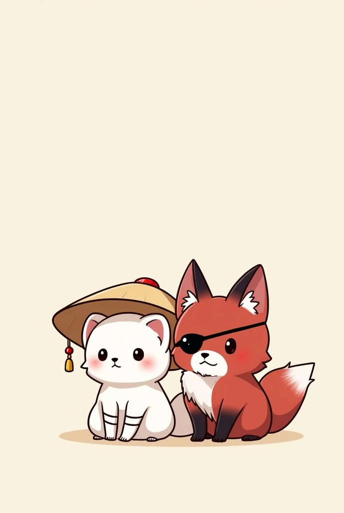 A chibi anime cartoon drawing of a small white ferret wearing a Chinese straw hat, with white bands around the front legs and one around the neck. Alongside a dark red fox wearing a black eye patch on its left eye