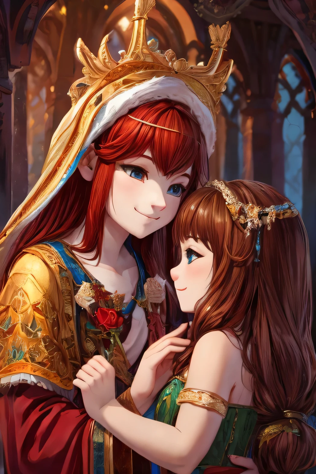 A girl with brown hair giving a blessing to a red-haired girl