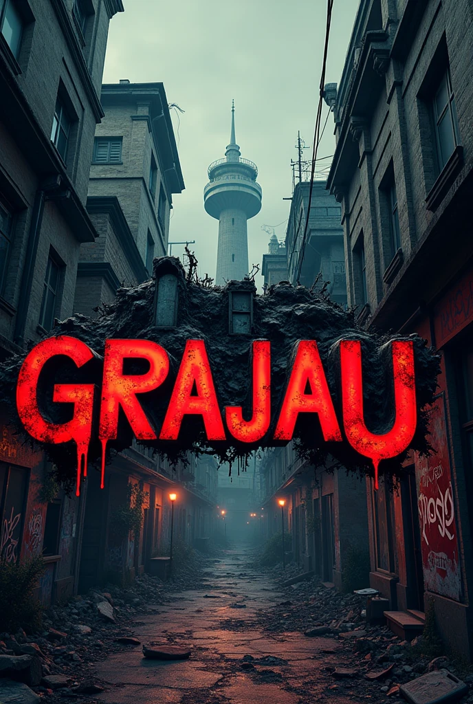 A photorealistic and highly detailed logo for Grajau Roleplay, a city in the style of the GTA video game series, featuring a slum urban landscape just in the center of the logo, containing cinematic lighting, bold textures, dramatic shadows, graffiti elements and a cleverly crafted logo with the text "Grajau Roleplay" in a bold, stylized font