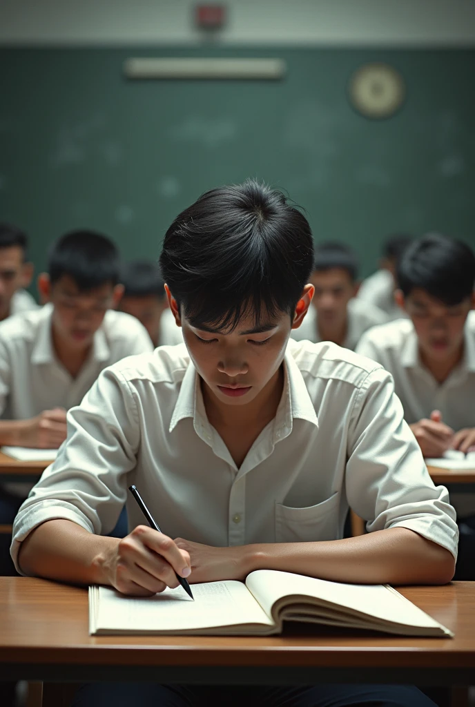 An epic, realistic image of a young man in a white shirt taking an exam, sweating, thinking about how to write his essay with other candidates behind him even more nervous