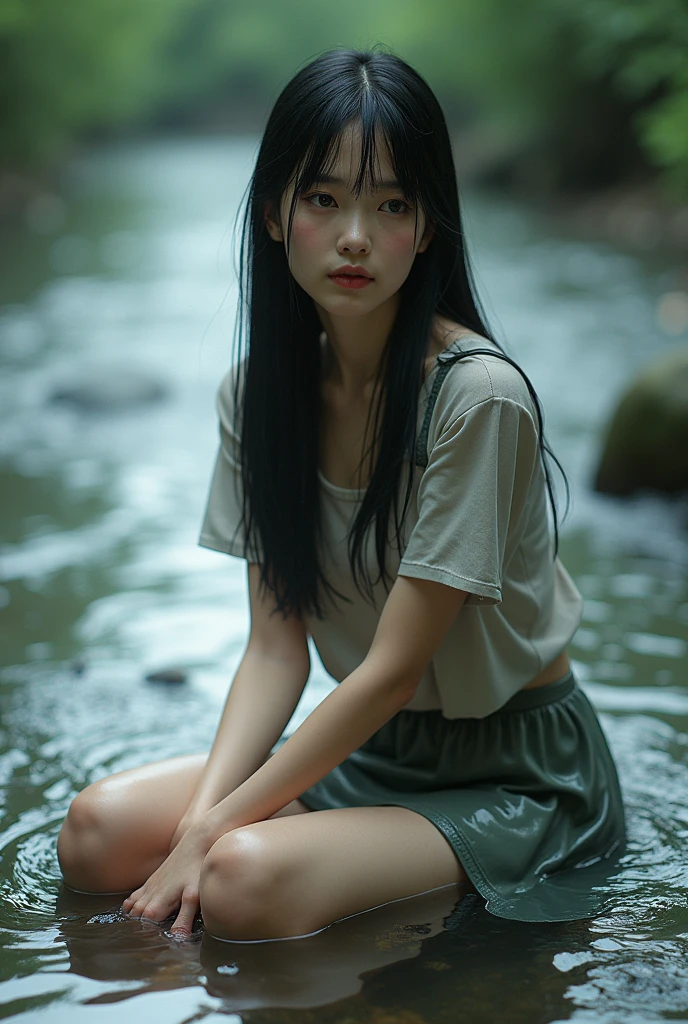 (photorealism:1.2), Japanese woman, 35 years old, a little fat woman, not looking at camera, some spots on the face, not putting on make-up, sitting in the river, wearing wet dress and skirt and Dr.Martens ancle boots, black long straight, outdoors, soft lighting, relaxed pose, realistic, intricate details, cool colors, some distance from Camera