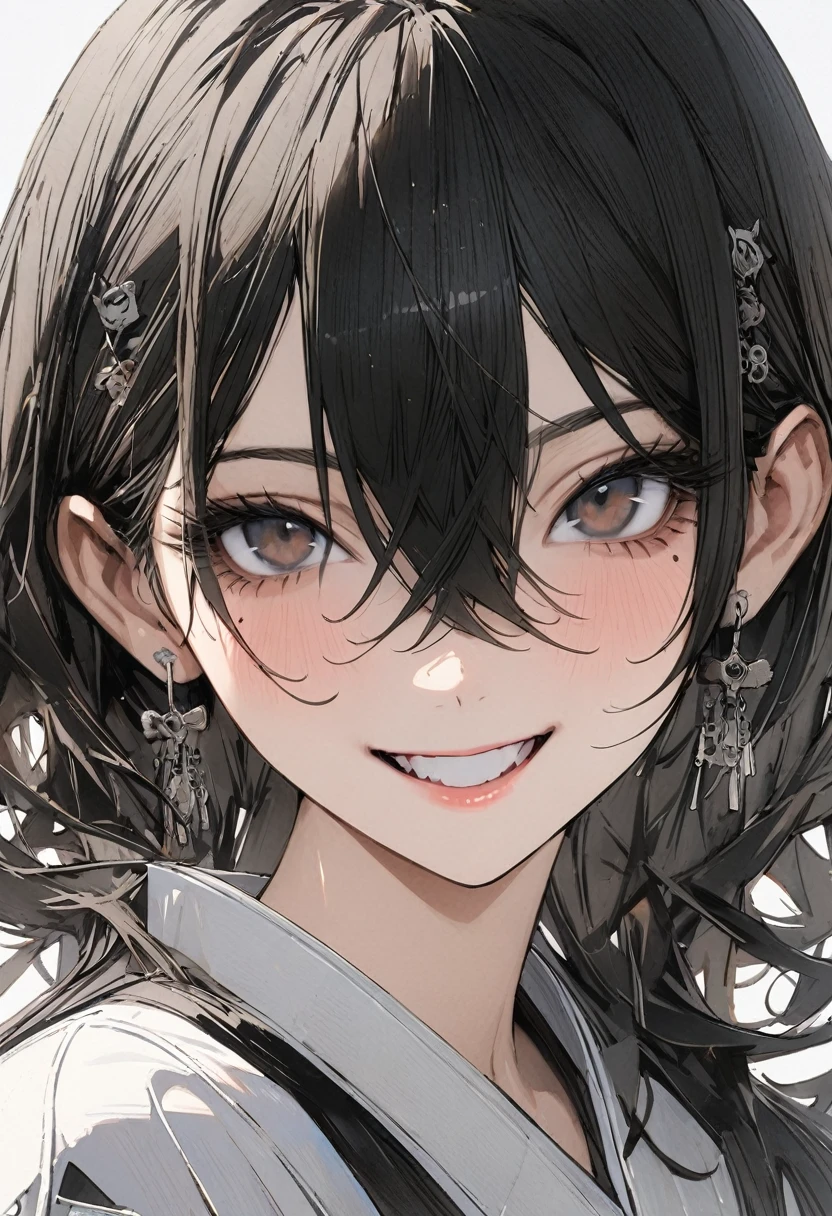 1 woman, striped hair, long black hair, hair between eyes, moles under the eyes, blank eyes, smile, high detail, conceptual art, japanese cartoon movies, gothic art, masterpiece, super detail, high details, high quality, best quality
