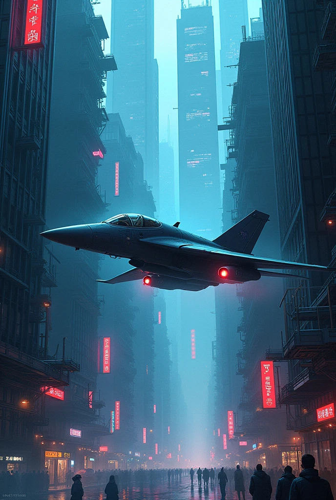 Cyberpunk World,There is a plane in the sky,Intense light and shadow,The lighting is cool,Hand-drawn,Dreams are magical