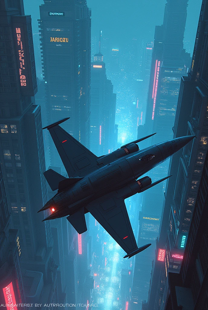 Cyberpunk World，There is a plane in the sky，Intense light and shadow，The lighting is cool，Hand-drawn，Dreams are magical